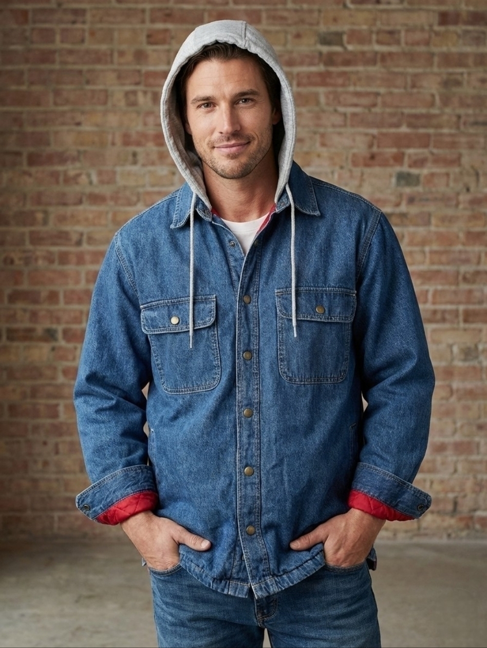 Men's Faded Glory Small Blue Denim Hooded Shirt Jacket